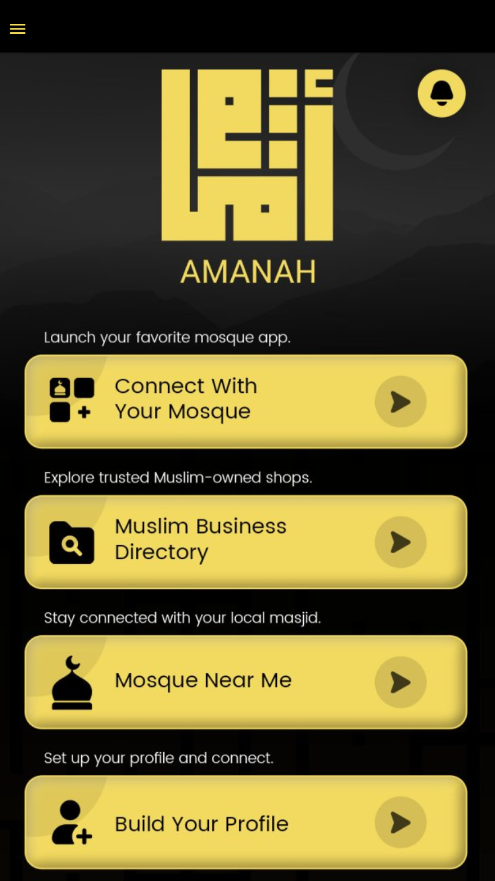 Amanah home screen showing main features
