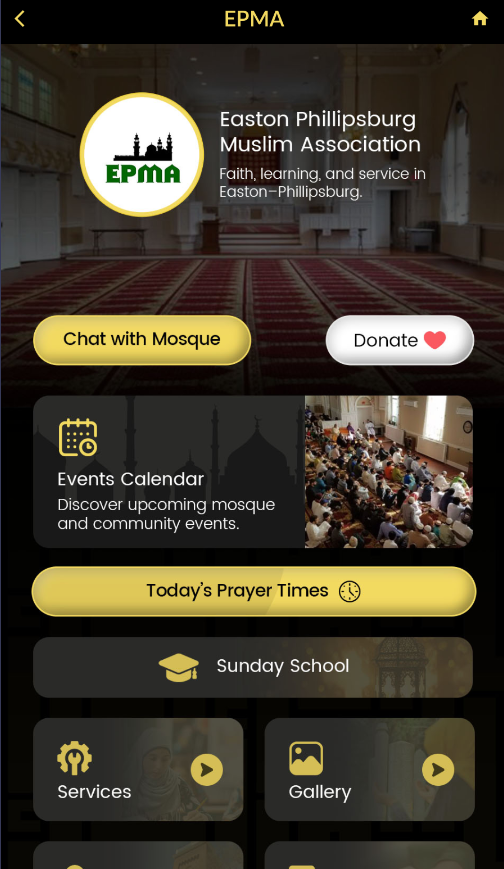 Mosque profile showing prayer times and events