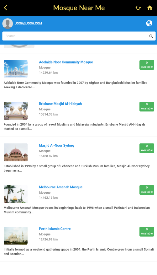 Mosque finder showing nearby masjids